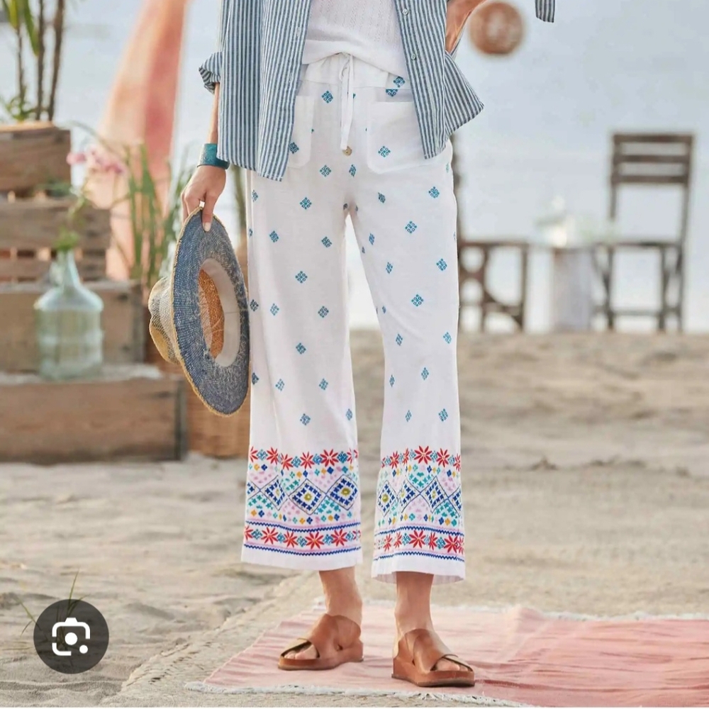 Sundance Beachside Stroll Pants with Blue And Peach Embroidery